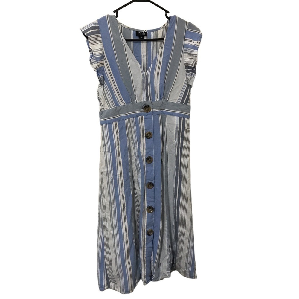 3/$15 A.n.a. Linen blend blue stripe ruffle sleeve midi dress